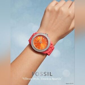 Fossil Pink Strap with Orange Dial Crystal Watch